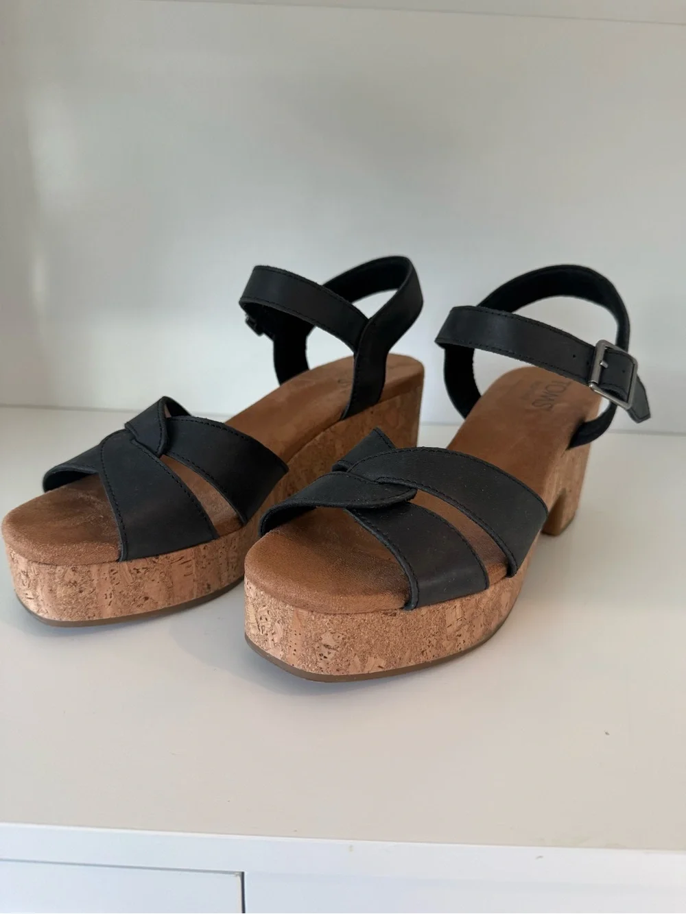 Toms Black Leather Crisscross Wedge Sandals